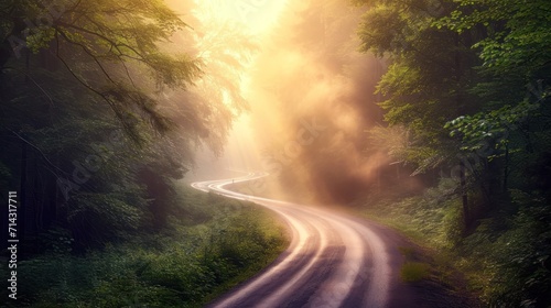  a road in the middle of a forest with fog coming from the trees and the sun shining through the trees on either side of the road is a winding road.