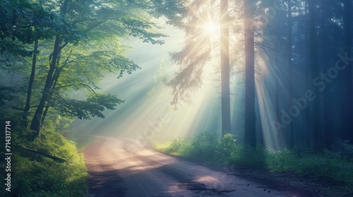  a dirt road in the middle of a forest with bright beams of light coming through the trees on either side of the road is a dirt road surrounded by grass and trees.