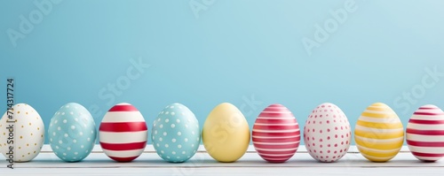 colorful easter eggs lined up on a wooden table