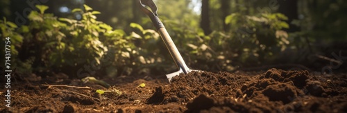 an antique digging shovel is hidden in the dirt