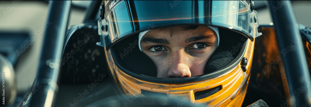 a young man is riding his race car a young man is riding his race car