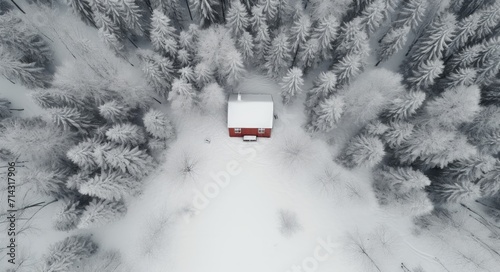 aerial shot of a small house in a winter forest with snow