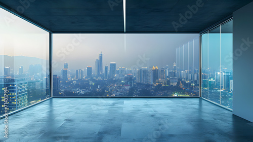 Pusty loft nieumeblowane współczesne biuro wewnętrzne z panoramą miasta i miasto budynków ze szklanego okna.