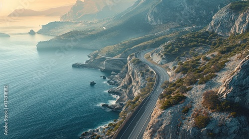  an aerial view of a road on the side of a mountain next to a body of water with a boat in the middle of the road on the side of the road. photo