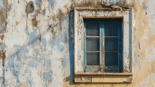  a window on the side of a run down building with peeling paint and peeling paint on the outside of the window and the inside of the building with peeling paint on the outside.