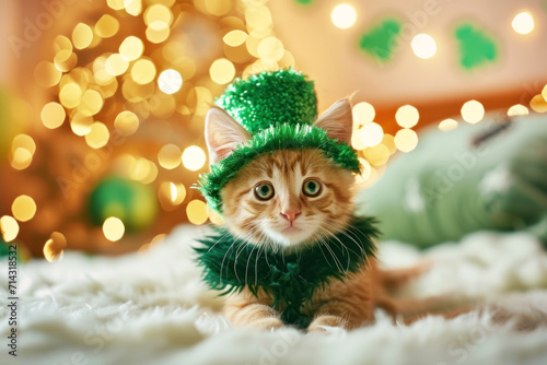 close up photo of a cute cat wearing green top hat, blurry background with bokeh lights. St. Patrick's Day celebration, copy space