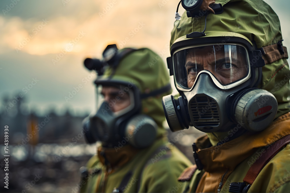 Men in protective suits observing a radioactive environment, generative AI Men in protective suits observing a radioactive environment, generative AI