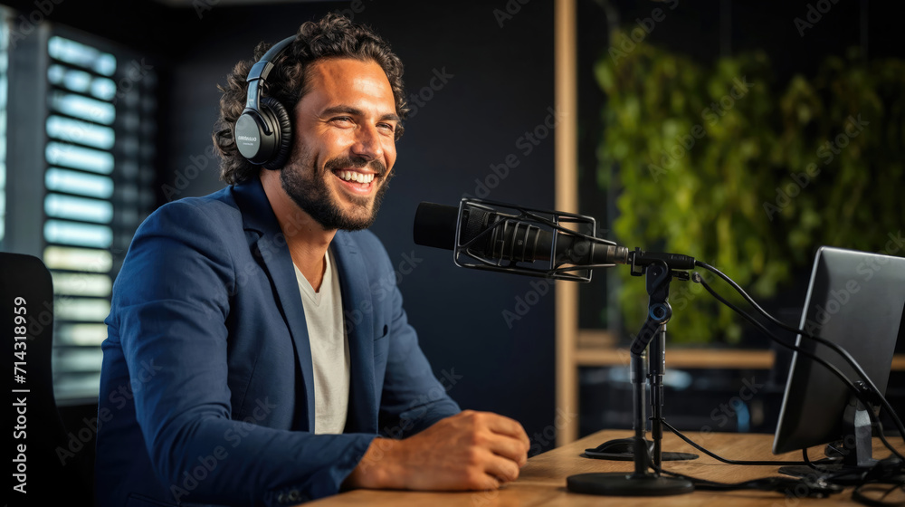 A cheerful male podcaster in headphones is speaking into a microphone in a studio with a laptop and ambient lighting. A cheerful male podcaster in headphones is speaking into a microphone in a studio with a laptop and ambient lighting.