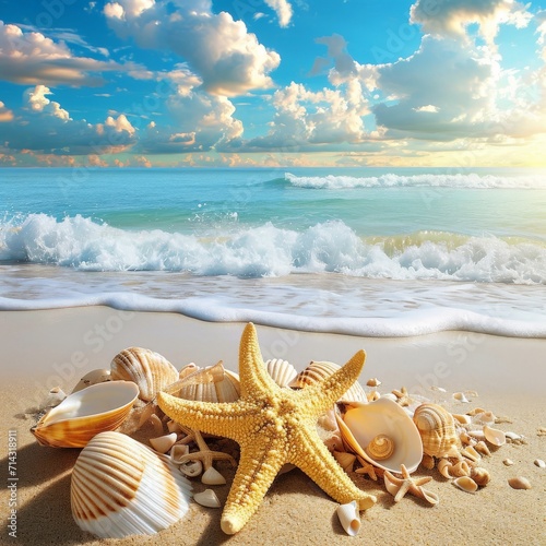 Starfish & Seashells Embrace on Sandy Shore