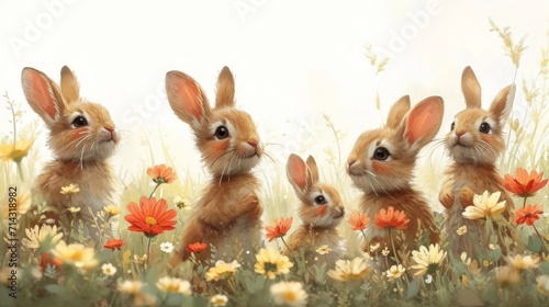 Easter bunnies in the meadow with wildflowers Generative AI