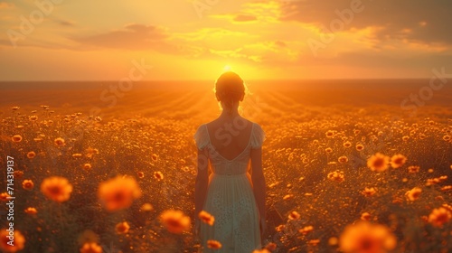  a woman standing in a field of sunflowers with the sun setting behind her and a field of sunflowers in the foreground with a woman in the foreground.