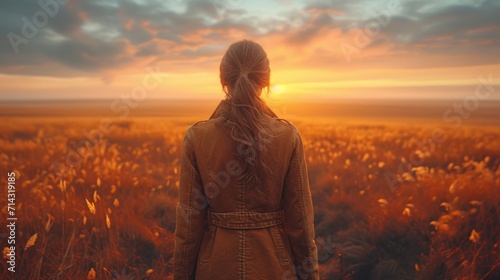 a woman standing in the middle of a field of tall grass with the sun setting behind her and the clouds in the sky above her and a field of flowers in the foreground.