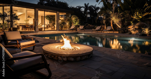 A serene evening by the poolside featuring a glowing fire pit, comfortable lounge chairs, and a view into a modern home with illuminated interiors.