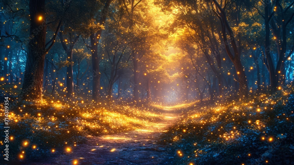 Mystical forest with a path in a fog. 3D rendering Generative AI
