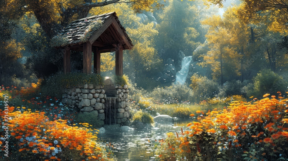 Wooden gazebo in the autumn forest. 3d render Generative AI