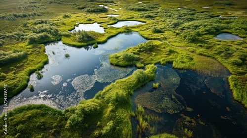  an aerial view of a river surrounded by lush green grass and water surrounded by small patches of water surrounded by lush green grass and water surrounded by small patches of.