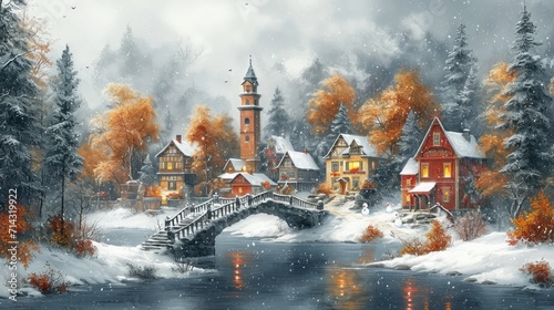 Beautiful winter landscape with wooden houses in the village. Digital painting. Generative AI
