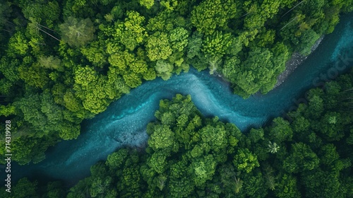  an aerial view of a river in the middle of a forest with a blue river running through the middle of the forest, surrounded by lush green trees and blue water.