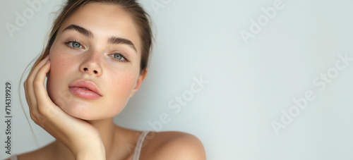 Close Portrait of a Natural Beauty. Serene Young Woman with Freckles