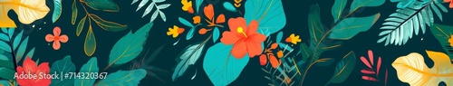 Tropical Pattern on Black with Leaves and Flowers