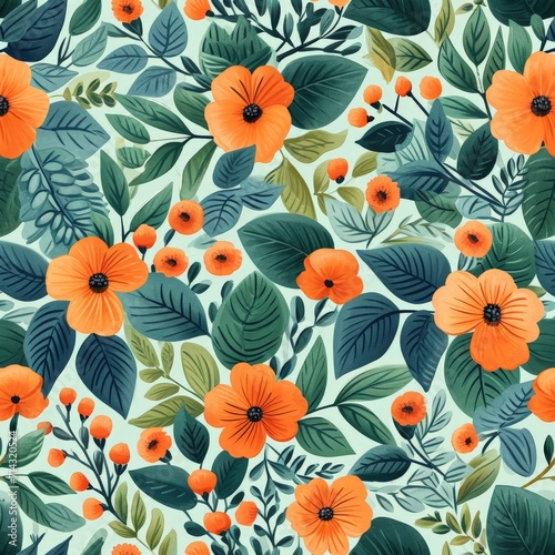 Orange Floral Pattern on White with Green Leaves © BrandwayArt