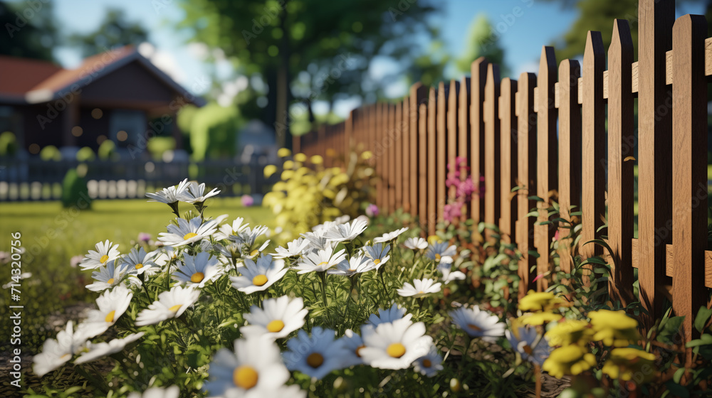 White flowers blooming along a wooden picket fence in a suburban setting with a house in the background