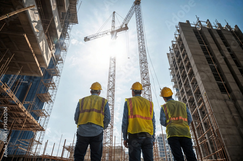 Construction workers on the background of a building under construction with cranes