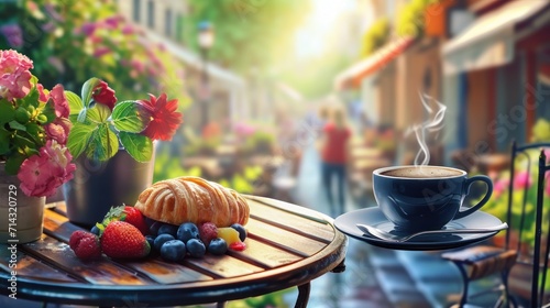  a cup of coffee sitting on top of a wooden table next to a plate of fruit and a bundt cake on a table next to a pot of flowers.