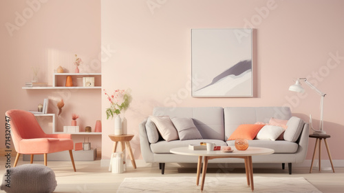 living room interior mock up, modern furniture in pastel colors, luxury sofa inside. Generative Ai © RIZAL