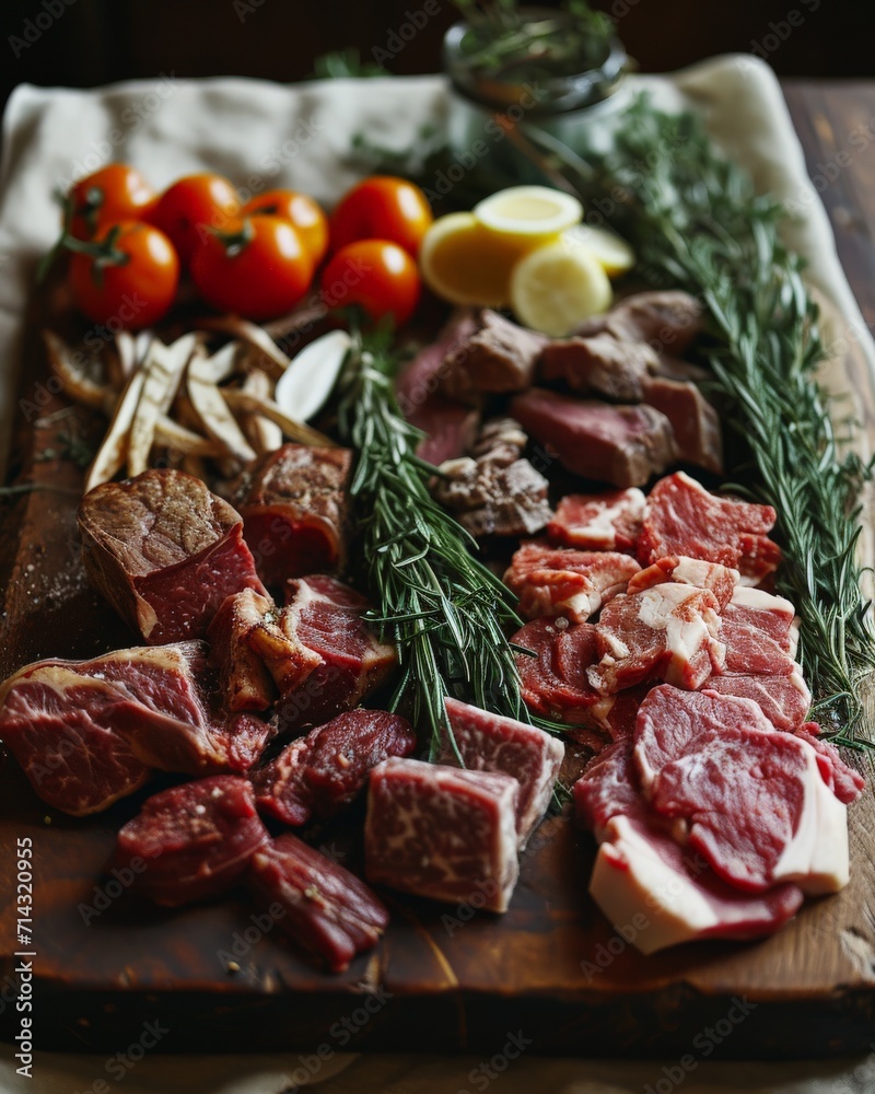 Wooden Cutting Board With Fresh Meat and Veggies Wooden Cutting Board With Fresh Meat and Veggies