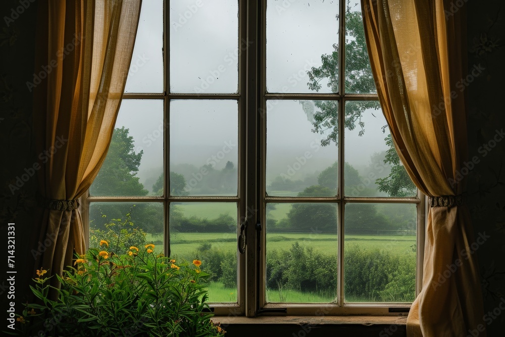 Fototapeta premium View of Green Field Through Window