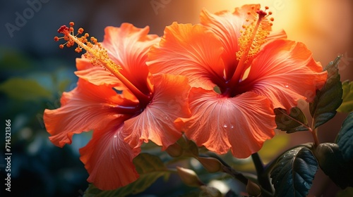 The orange hibiscus  a vibrant and eye-catching flower  flaunts striking  trumpet-shaped blossoms in shades of fiery orange close up shoot