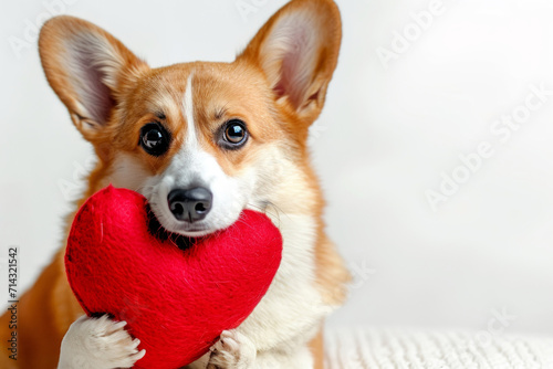 a young Corgi puppy holding a red heart-shaped pillow positioned against a solid white background. affection and love.