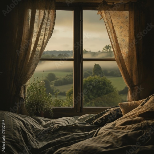 Bed by Window Overlooking Lush Green Field