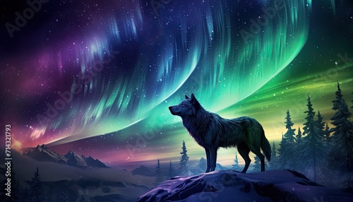 View of night sky with aurora borealis and mountain peak background. Wolf silhouette, night glows in vibrant aurora reflection on the lake with forest. © Virgo Studio Maple