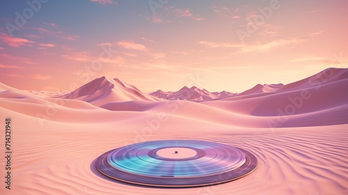 Surreal landscape illustration with a giant vinyl record player in the desert. Fantasy landscape with vinyl record player in the desert and dunes in sound waves.