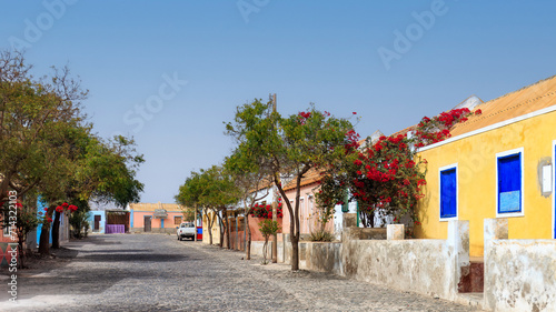Sal Rei rainbow facades : the painted streets of tropical town. Boa Vista, Cape Verde.