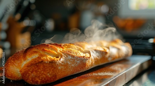  a long loaf of bread sitting on top of a wooden cutting board next to a bottle of liquid and a glass of orange juice on the side of the table.