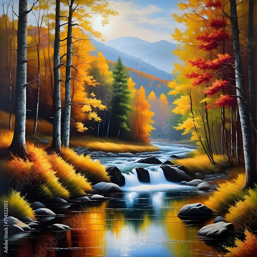 The most beautiful painting I've ever seen is an oil-painted vintage scene capturing a magnificent fall forest with a meandering river flowing through it. The colors in this artwork are simply breatht photo