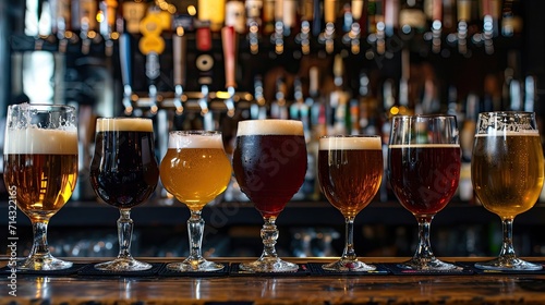 Assorted Beer Glasses Lined on Bar Counter