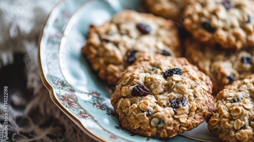  a plate of oatmeal cookies with raisins and cranberries sitting on a lace doily on a tablecloth with a lace tablecloth.