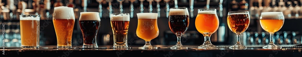 Assorted Beer Glasses Lined on Bar Counter Assorted Beer Glasses Lined on Bar Counter