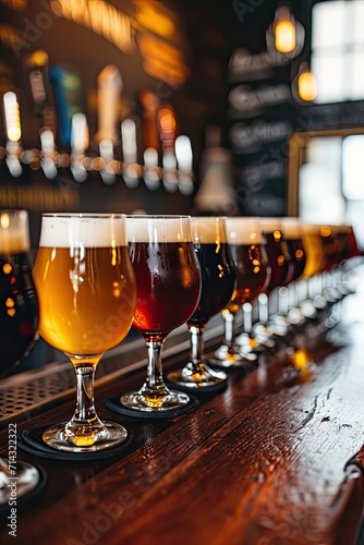 Assorted Beer Glasses Aligned on Bar Counter