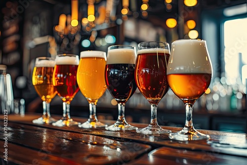 Various Beer Glasses on Wooden Bar Table