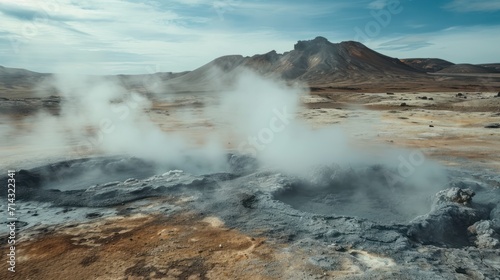  a group of geysers spewing out of a hole in the ground with a mountain in the backgroup of the picture in the distance.