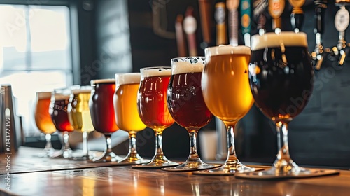 Assorted Beer Glasses Lined on Bar Counter photo