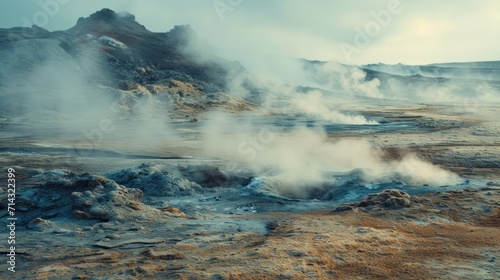  a group of geysers spewing out of the ground in the middle of a barren area with a mountain in the back ground and a blue sky in the background.