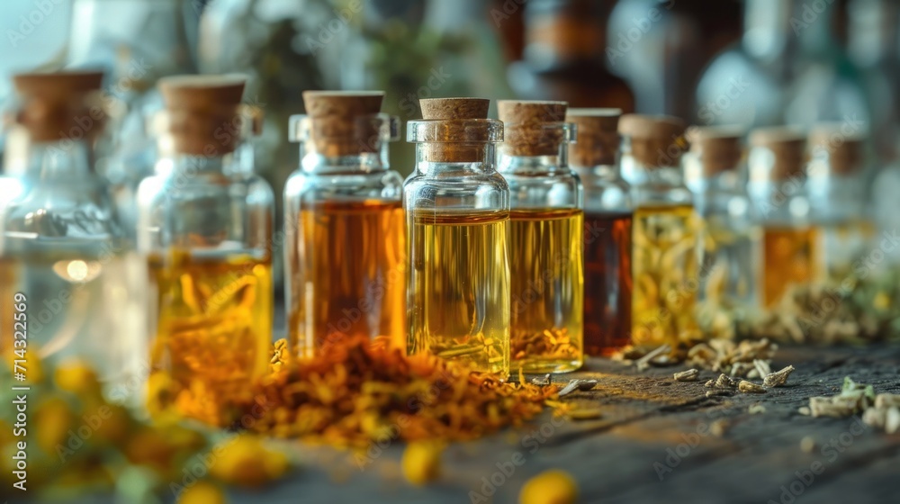 a table topped with lots of bottles filled with different types of oils and herbs on top of a wooden table next to bottles filled with different types of oils and seasonings. a table topped with lots of bottles filled with different types of oils and herbs on top of a wooden table next to bottles filled with different types of oils and seasonings.