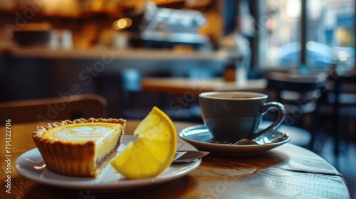  a cup of coffee and a slice of lemon pie on a white plate on a wooden table in a cafe with a cup of coffee and a saucer in the background.