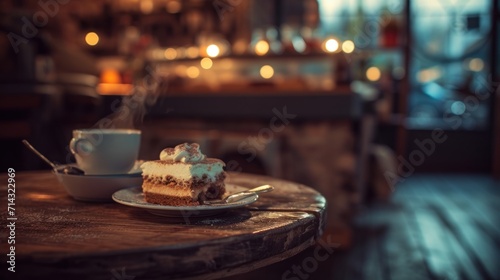  a piece of cake on a plate on a table with a cup of coffee in front of it and a candle lit room in the back of the room in the background.